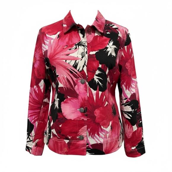 Chico's Design red floral button-front jacket Size 0 - Picture 2 of 5